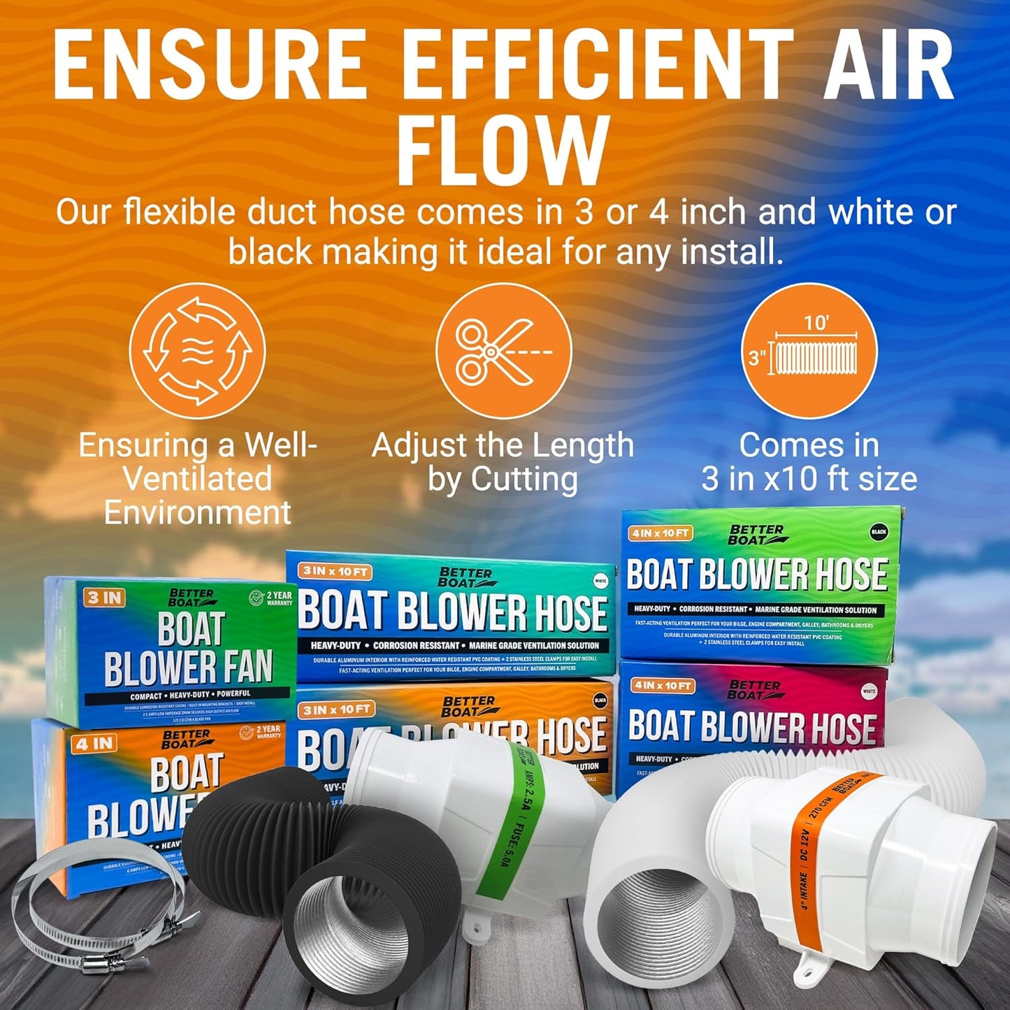 Boat Blower Hose, 3 Inch Marine Exhaust Hose, 10 Ft Flexible PVC Duct for Bilge, Engine Compartment, Galley, Head, or Dryer Vent, Black