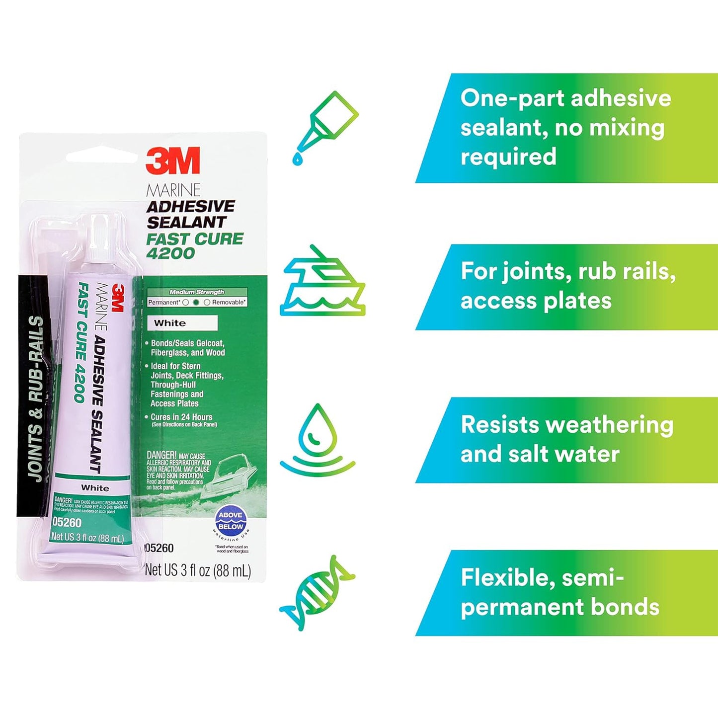 TALC Marine Adhesive Sealant Fast Cure 4200 (05260) – Semi-Permanent Flexible Adhesive Sealant for Boats and Marine Applications – White – 3 Ounces