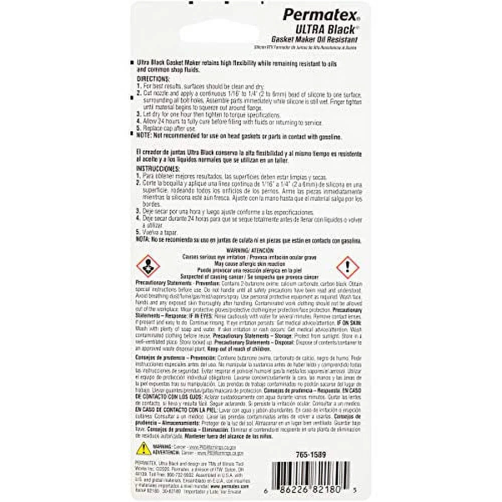 82180 Ultra Black Maximum Oil Resistance RTV Silicone Gasket Maker, 3.35 Oz. Tube