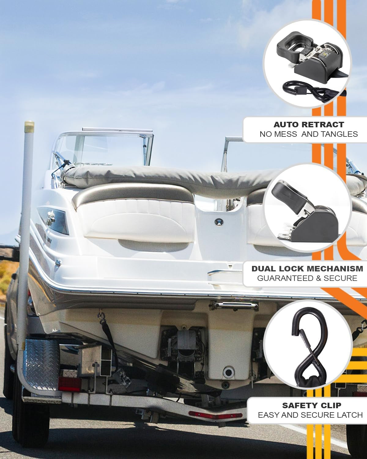 2PCS Stainless Steel Retractable Ratchet Straps (1 7/8 in X 4 Ft) Transom Tie Downs for Boat Trailer - Extra Mounting Brackets & Bolt Set, Boat Accessories, Break Strength 1,650LB/750KG
