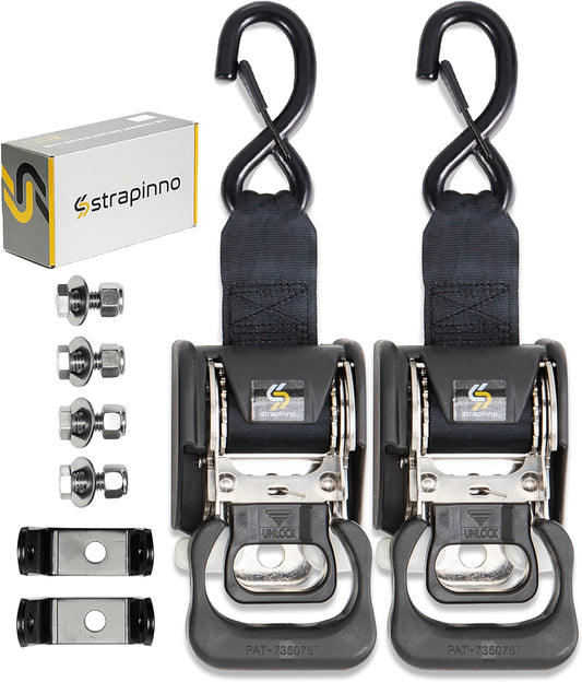 2PCS Stainless Steel Retractable Ratchet Straps (1 7/8 in X 4 Ft) Transom Tie Downs for Boat Trailer - Extra Mounting Brackets & Bolt Set, Boat Accessories, Break Strength 1,650LB/750KG
