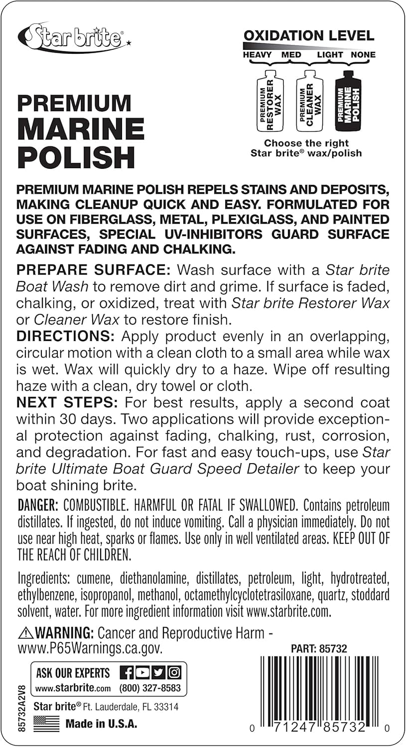 Premium Marine Polish - Maximum UV Protection & High Gloss Finish - UV Inhibitors Stop Fading, Chalking & Oxidation While Repelling Water, Stains & Marine Deposits