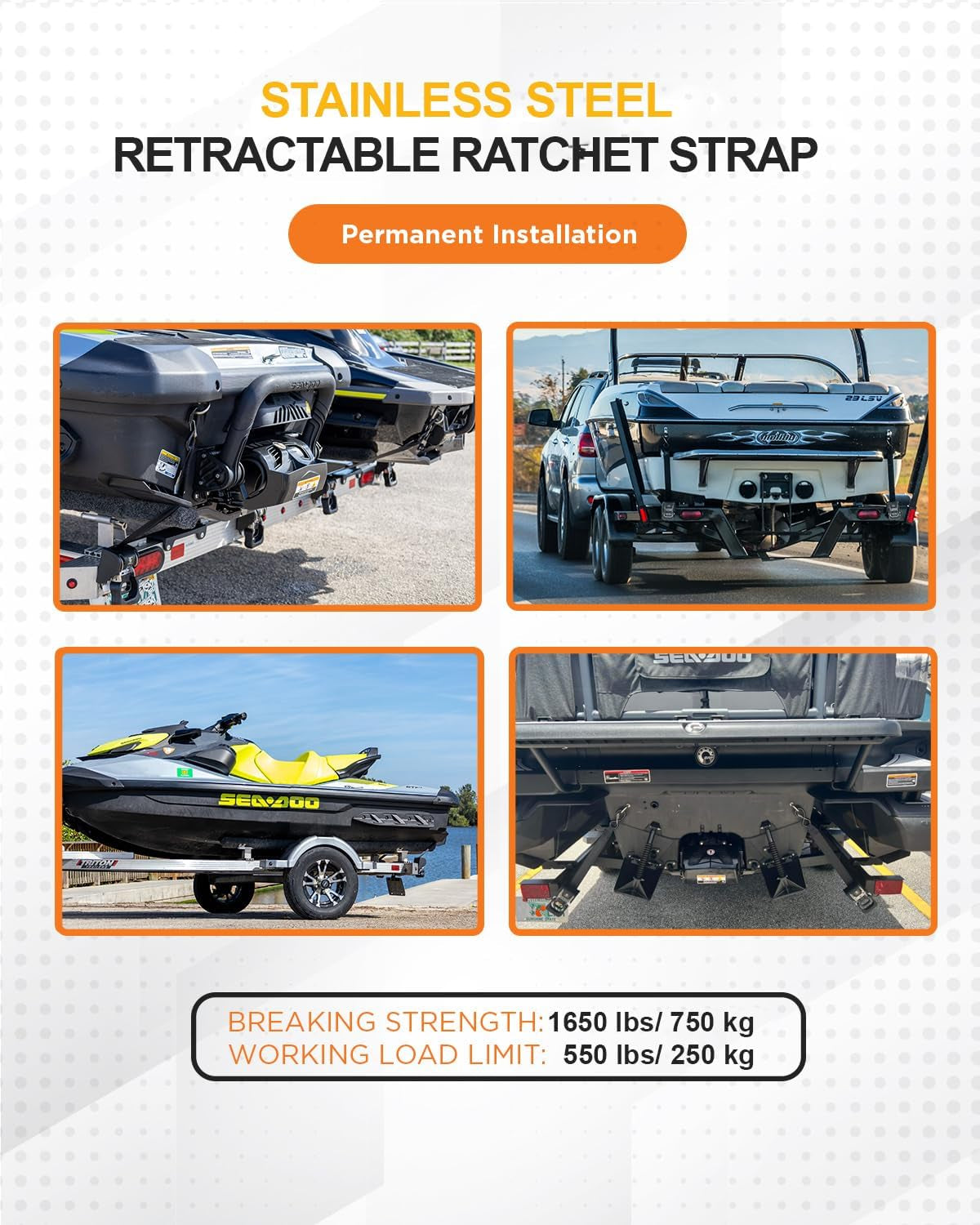 2PCS Stainless Steel Retractable Ratchet Straps (1 7/8 in X 4 Ft) Transom Tie Downs for Boat Trailer - Extra Mounting Brackets & Bolt Set, Boat Accessories, Break Strength 1,650LB/750KG