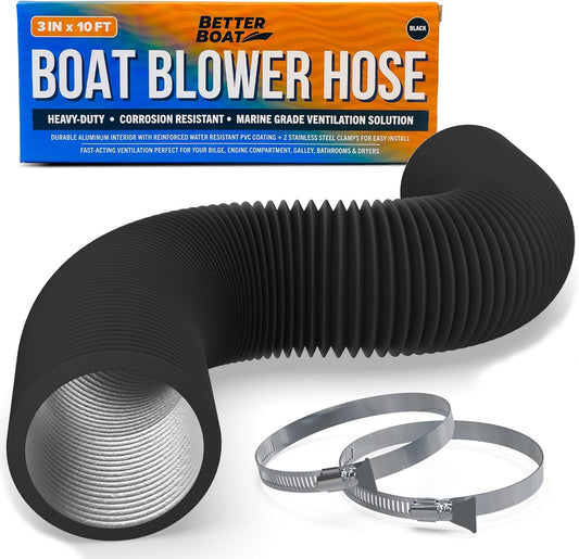 Boat Blower Hose, 3 Inch Marine Exhaust Hose, 10 Ft Flexible PVC Duct for Bilge, Engine Compartment, Galley, Head, or Dryer Vent, Black