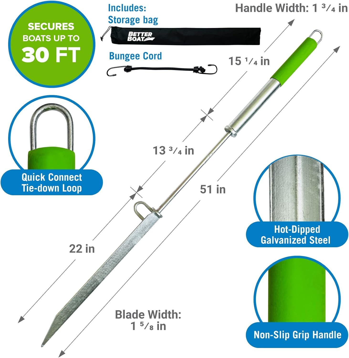Sand Spike Boat Anchor Pole for Boats, Jet Skis, Pontoons, and Kayaks, Large and Small Slide Pole System for Shallow Water, Sandbars, Beaches, and Land with Bag for Accessories